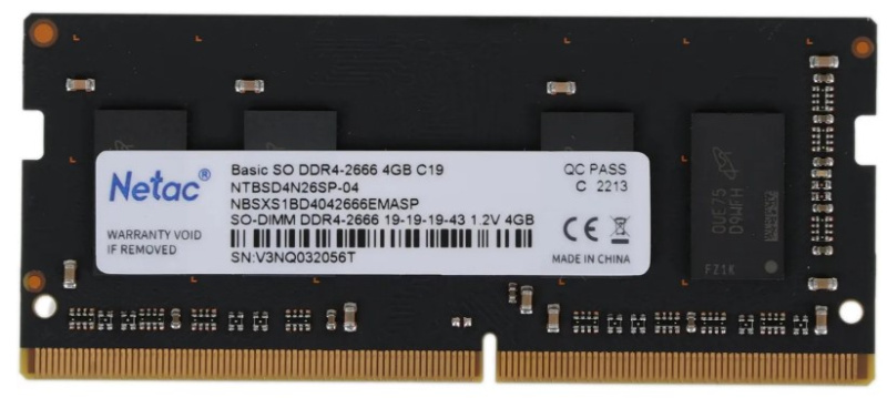 Оперативная память NETAC Basic, DDR4, 4GB (1x4GB), 2666MHz, CL19, SO-DIMM